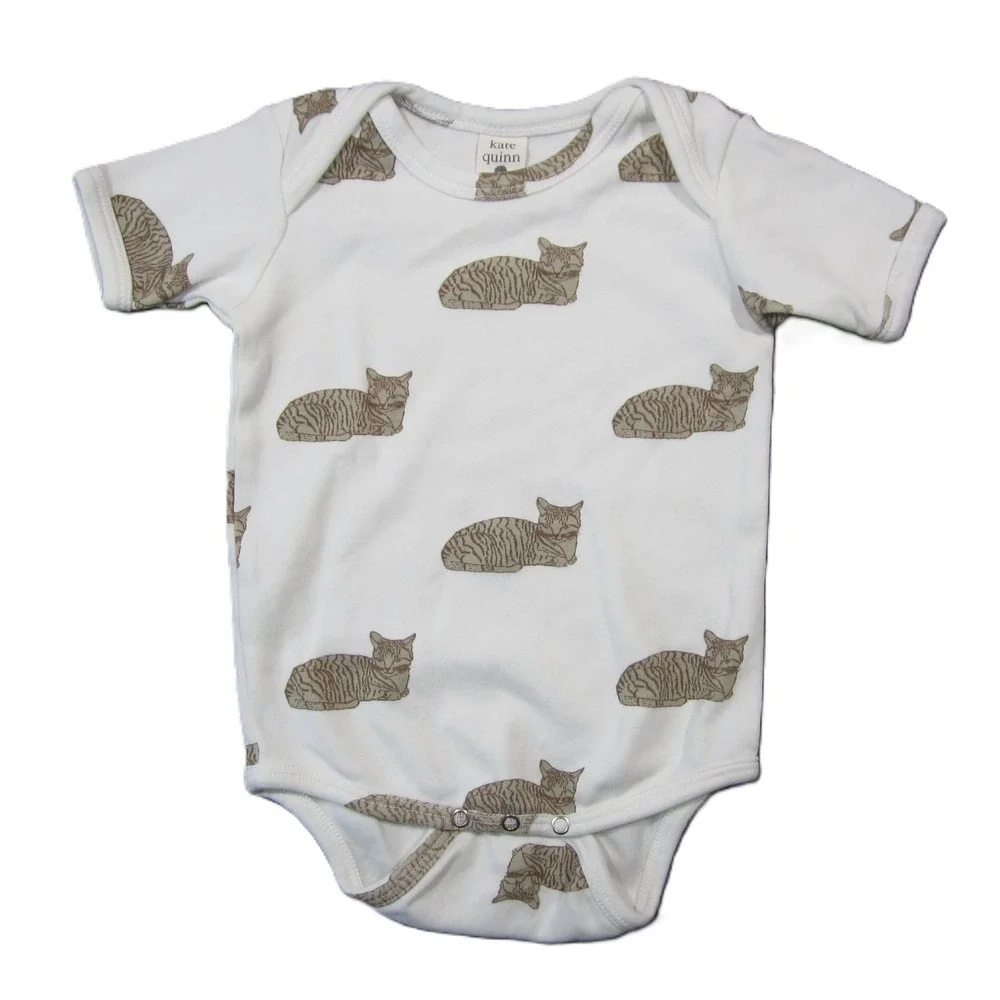 Kate Quinn Bodysuit Baby 6-12M White Brown Cats Snap Organic Cotton Cozy Cute